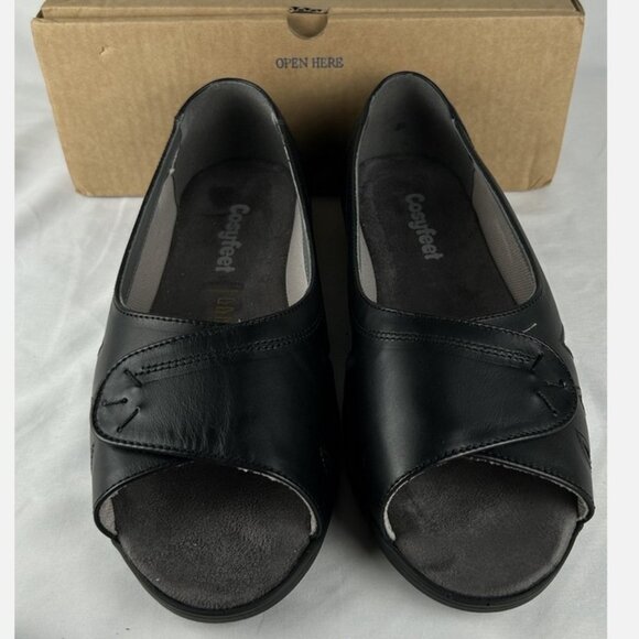 NEW Cosyfeet Black Keira Wide Extra Roomy Peep Toe Sandals 10 UK Sz 8 Adjustable - Picture 1 of 8